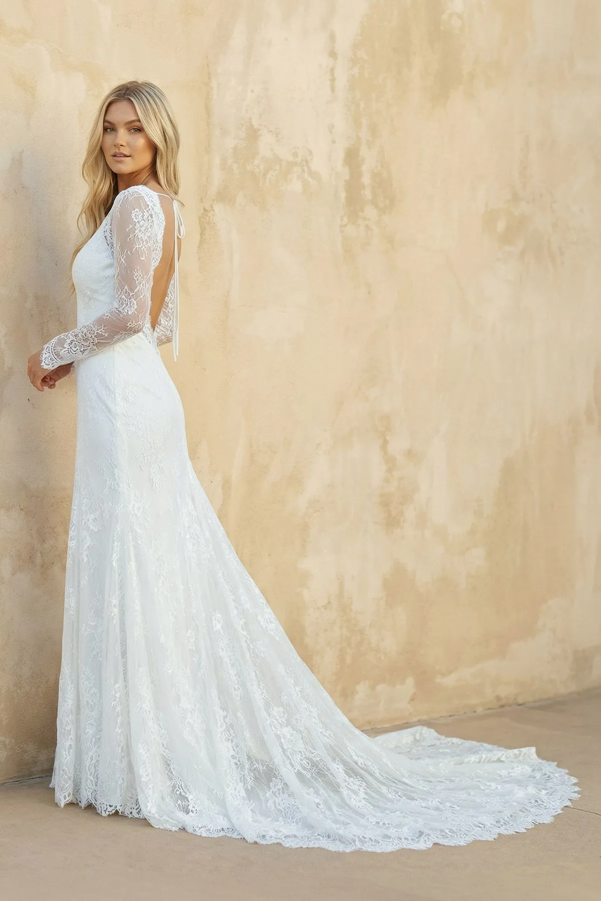Mermaid V Neck Long Sleeves Lace Wedding Dress in Ivory sold by KissProm product image thumbnail 3