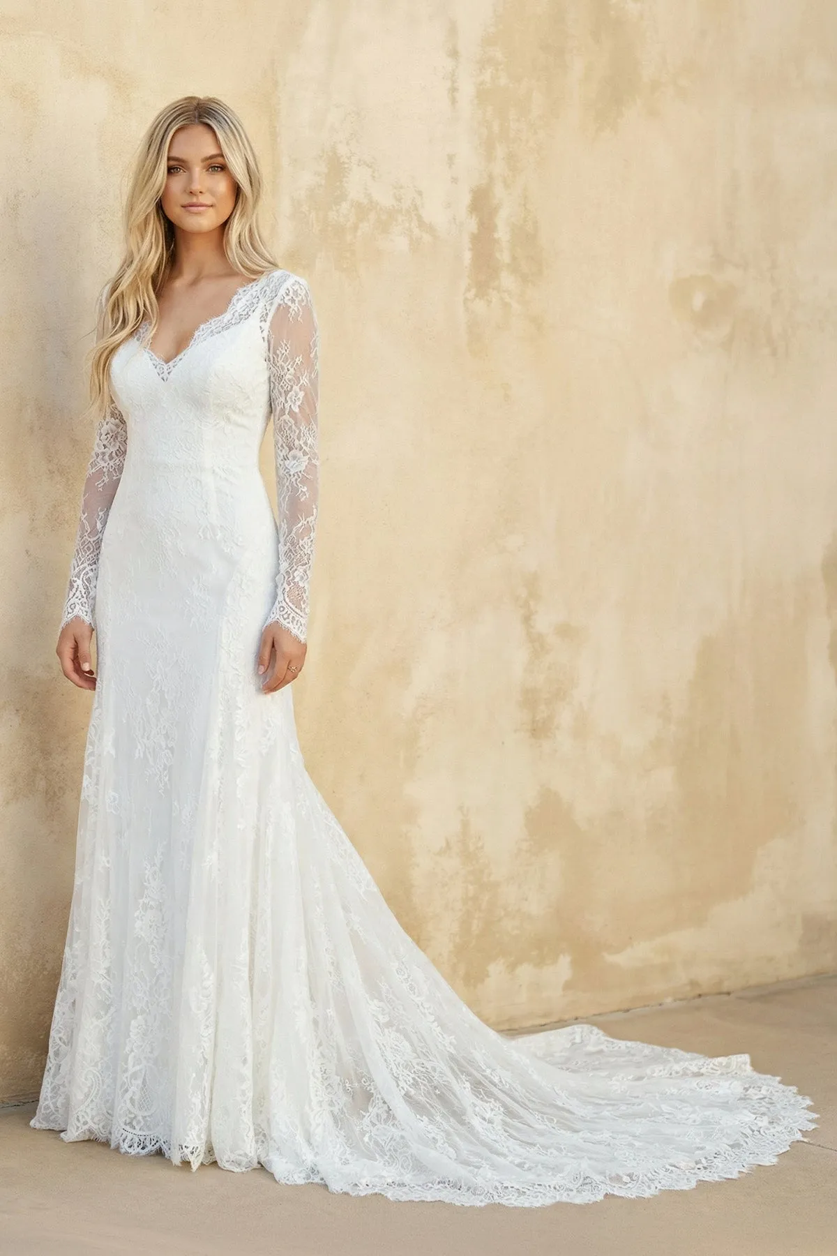 Mermaid V Neck Long Sleeves Lace Wedding Dress in Ivory sold by KissProm