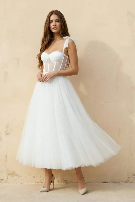 A Line Spaghetti Straps Tulle Wedding Dress in White made by KissProm
