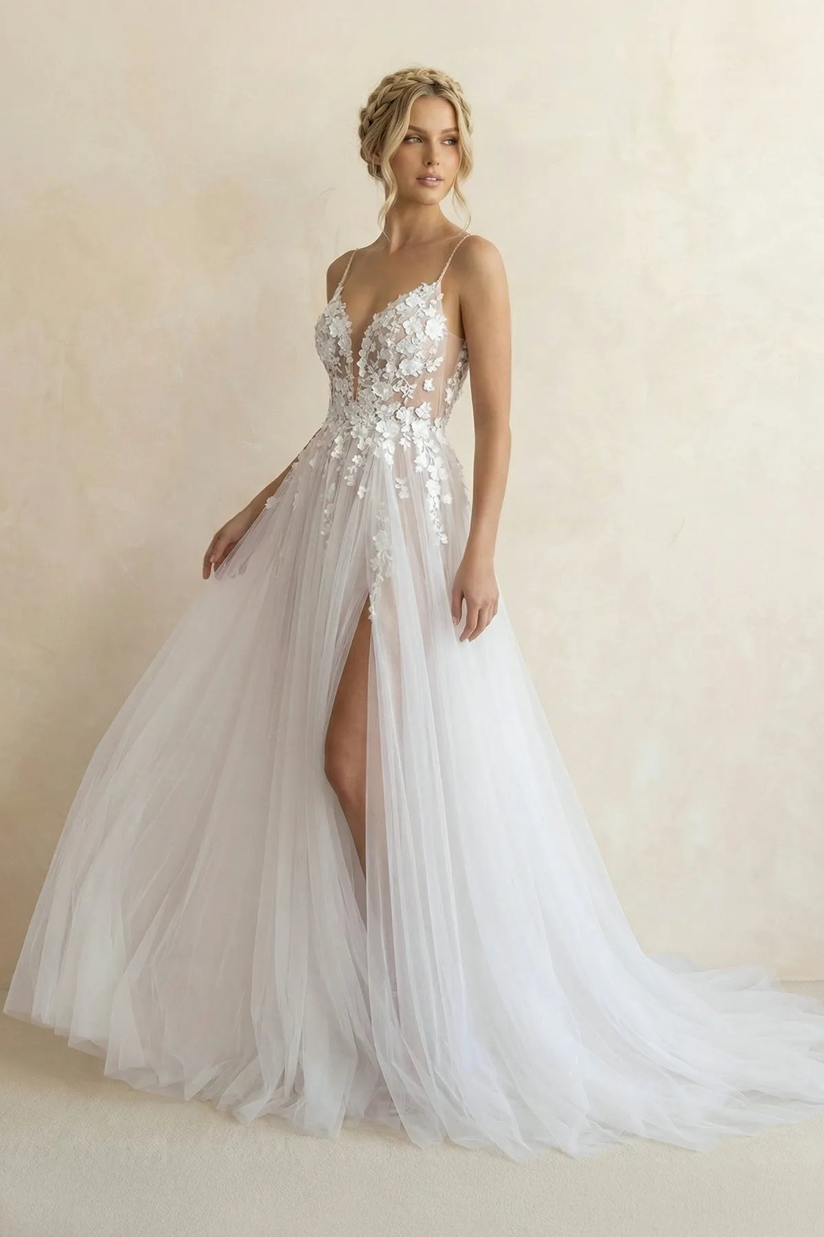 Spaghetti Straps A Line Tulle Wedding Dress in White and Nude sold by KissProm