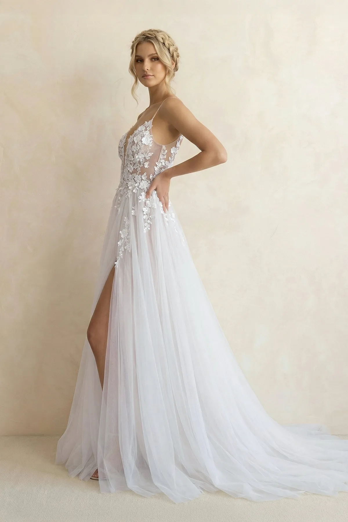 Spaghetti Straps A Line Tulle Wedding Dress in White and Nude sold by KissProm product image thumbnail 3