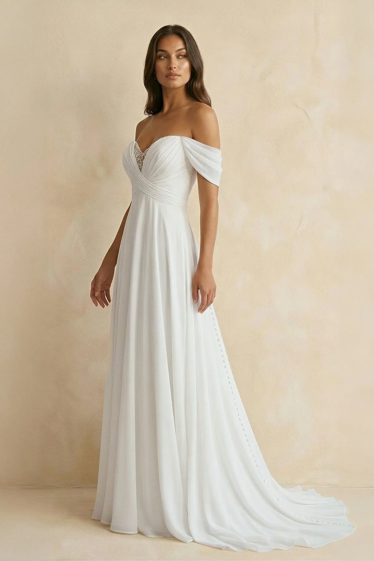 Off The Shoulder A Line Chiffon Wedding Dress in White sold by KissProm product image thumbnail 3