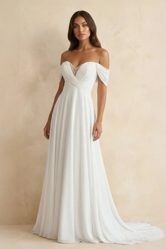 Off The Shoulder A Line Chiffon Wedding Dress in White made by KissProm