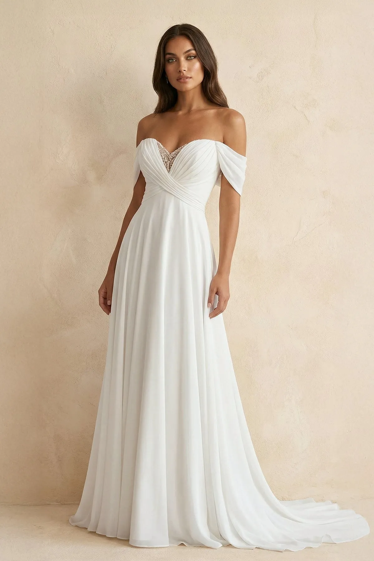 Off The Shoulder A Line Chiffon Wedding Dress in White sold by KissProm