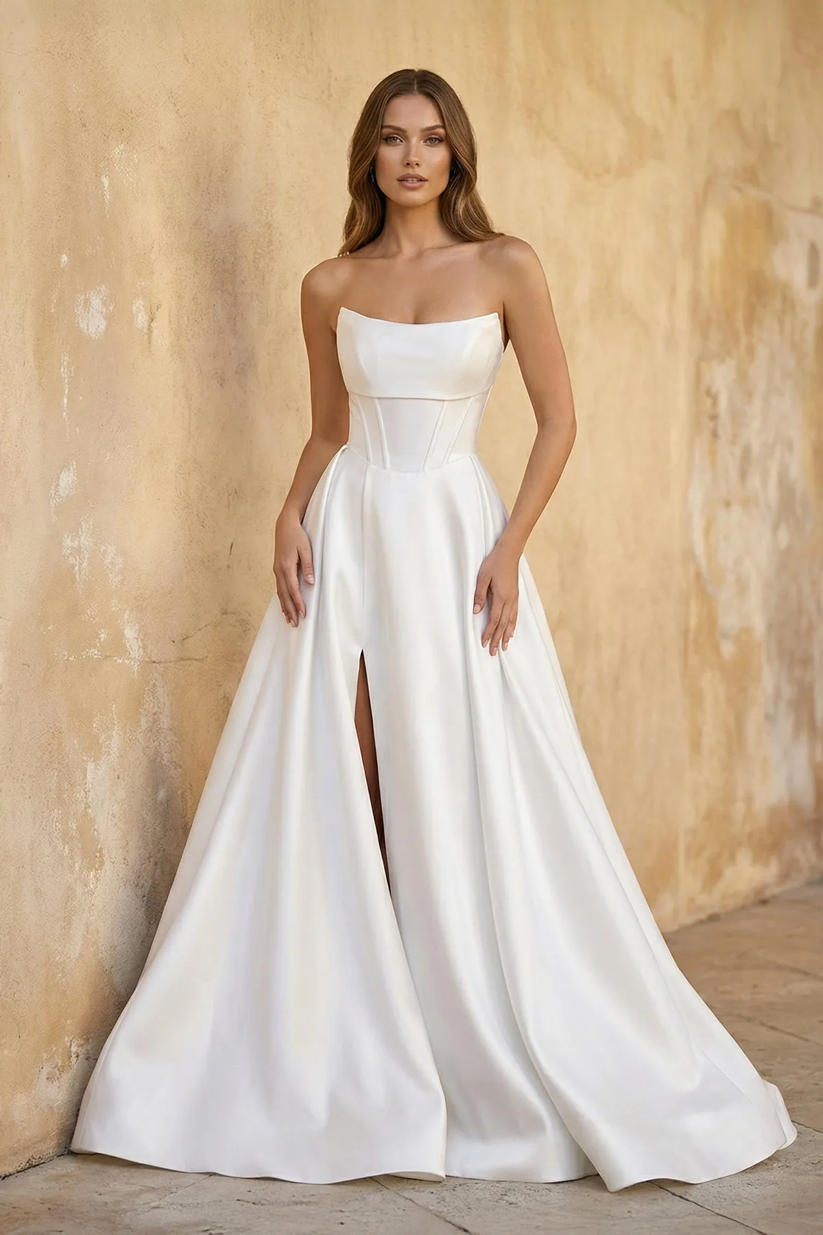 Strapless A Line Satin Wedding Dress With Slit in White sold by KissProm