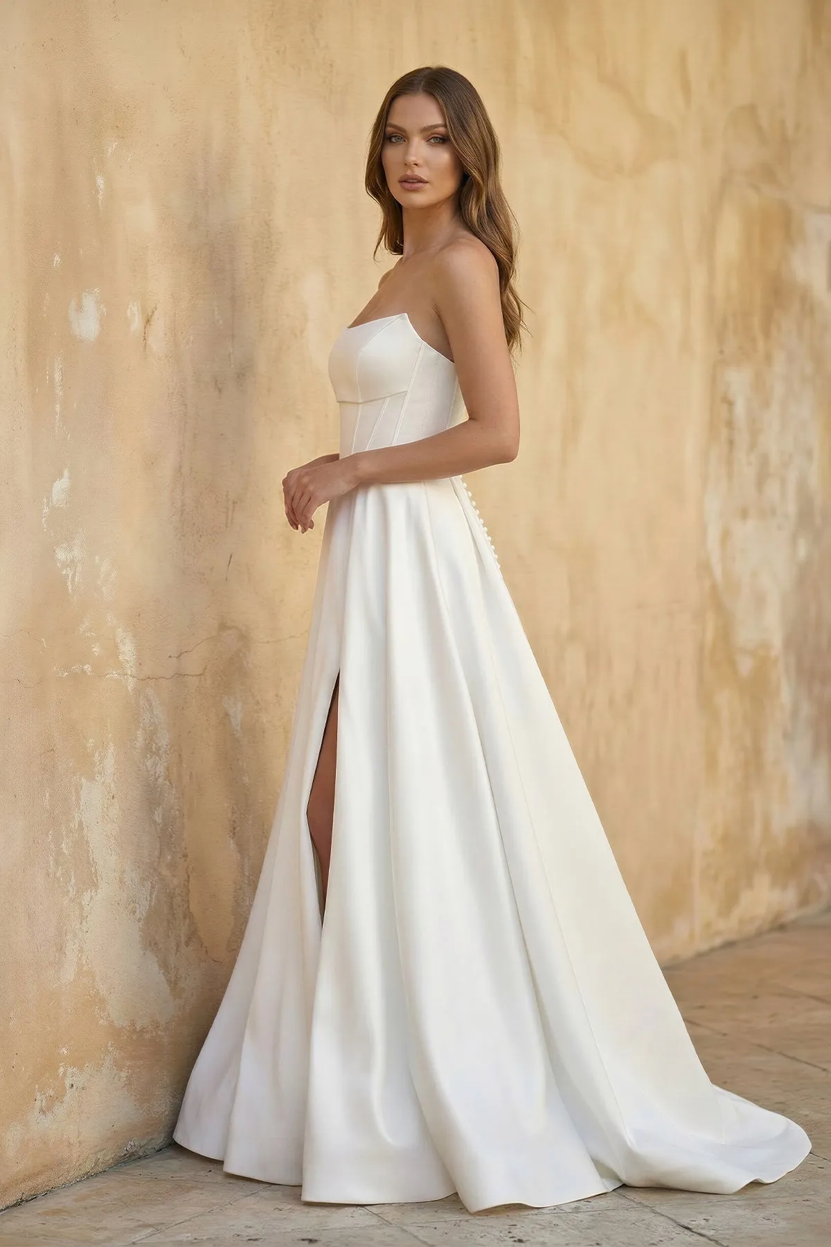Strapless A Line Satin Wedding Dress With Slit in White sold by KissProm product image thumbnail 3