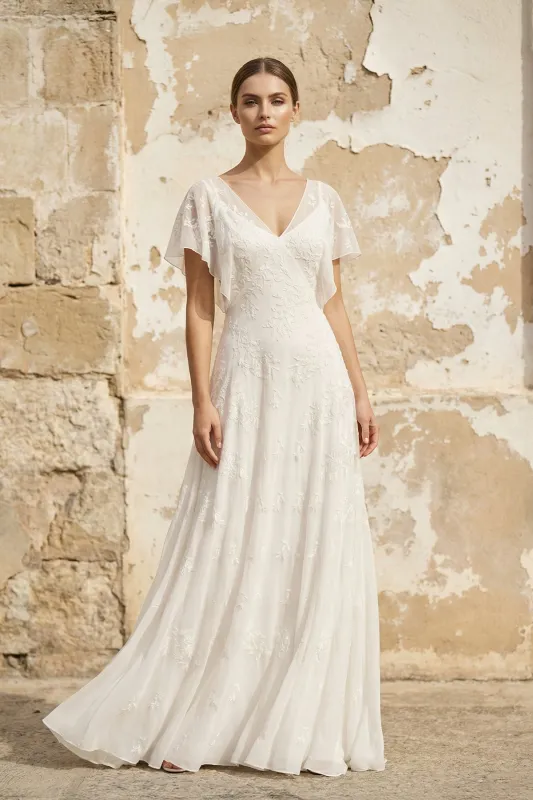 V-Neck Short Sleeves A Line Chiffon Wedding Dress made by KissProm