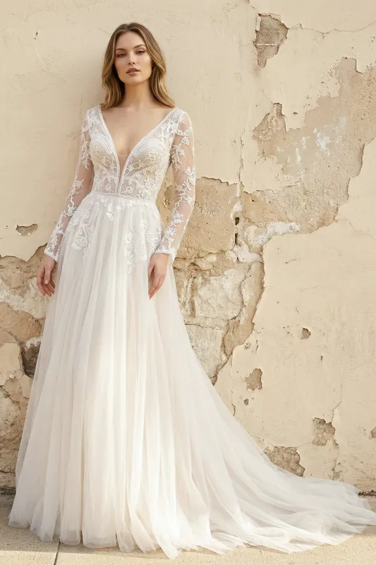 A Line Long Sleeves Tulle Wedding Dress made by KissProm