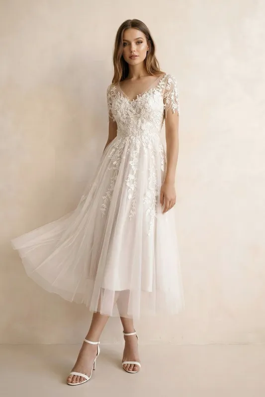 A Line V Neck Tulle Wedding Dress With Appliques in Ivory made by KissProm