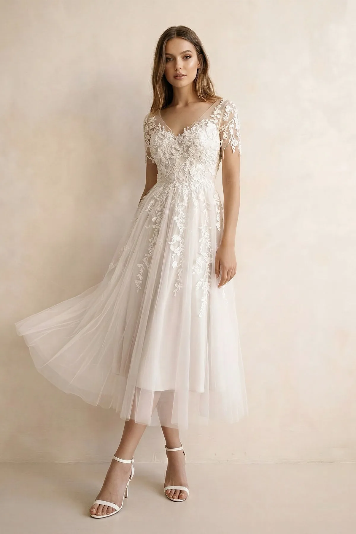 A Line V Neck Tulle Wedding Dress With Appliques in Ivory sold by KissProm