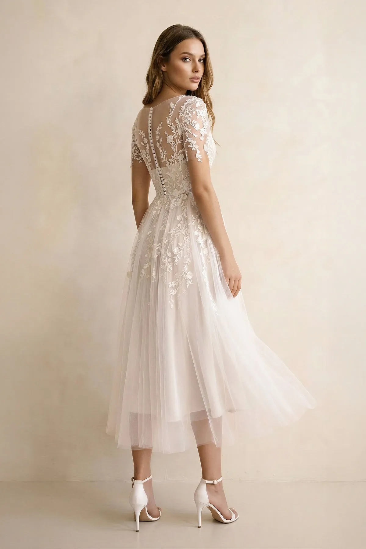 A Line V Neck Tulle Wedding Dress With Appliques in Ivory sold by KissProm product image thumbnail 2
