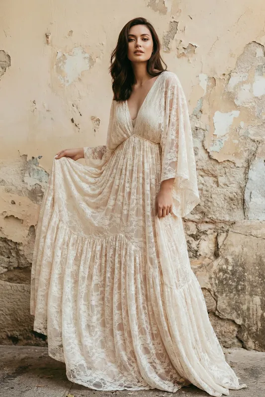 V Neck Long Sleeves Lace Wedding Dress made by KissProm
