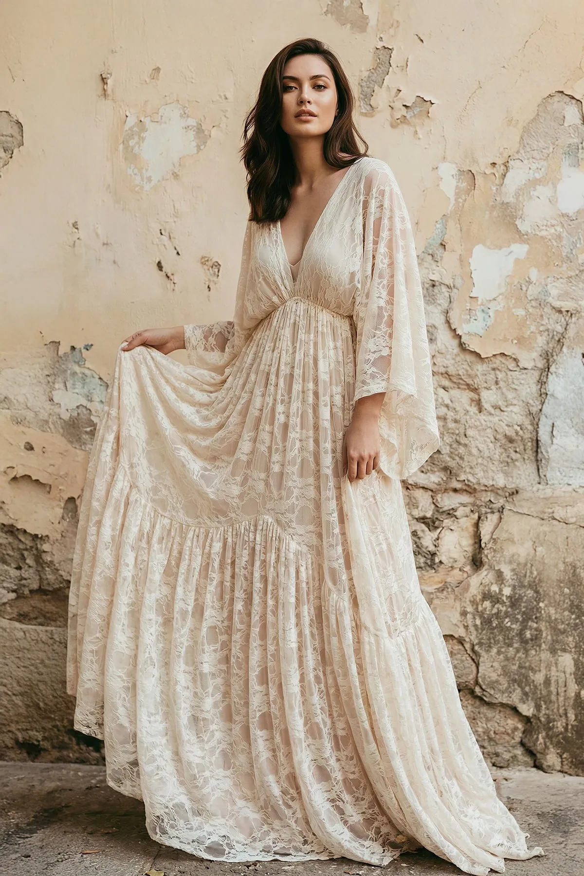 V Neck Long Sleeves Lace Wedding Dress sold by KissProm