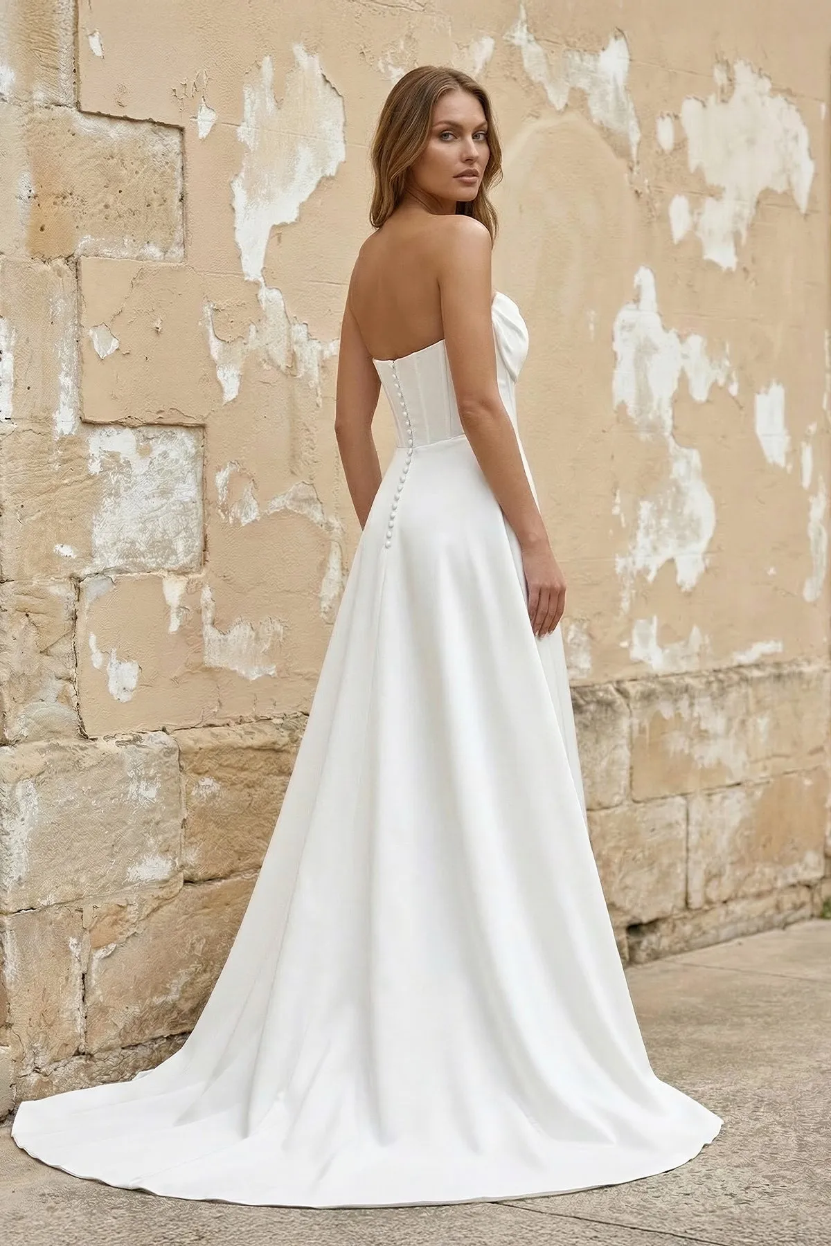 Strapless A Line Satin Wedding Dress With Slit in White sold by KissProm product image thumbnail 2