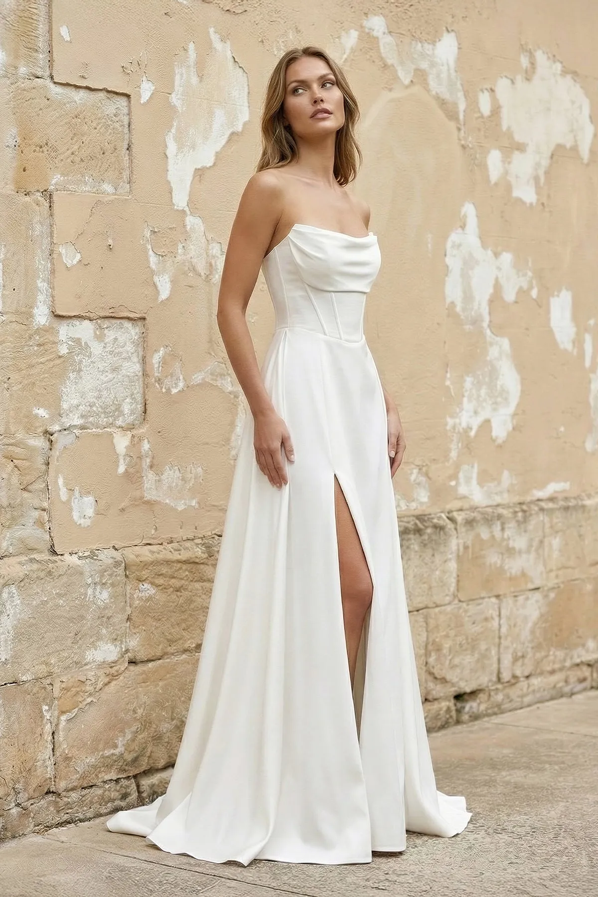 Strapless A Line Satin Wedding Dress With Slit in White sold by KissProm product image thumbnail 3