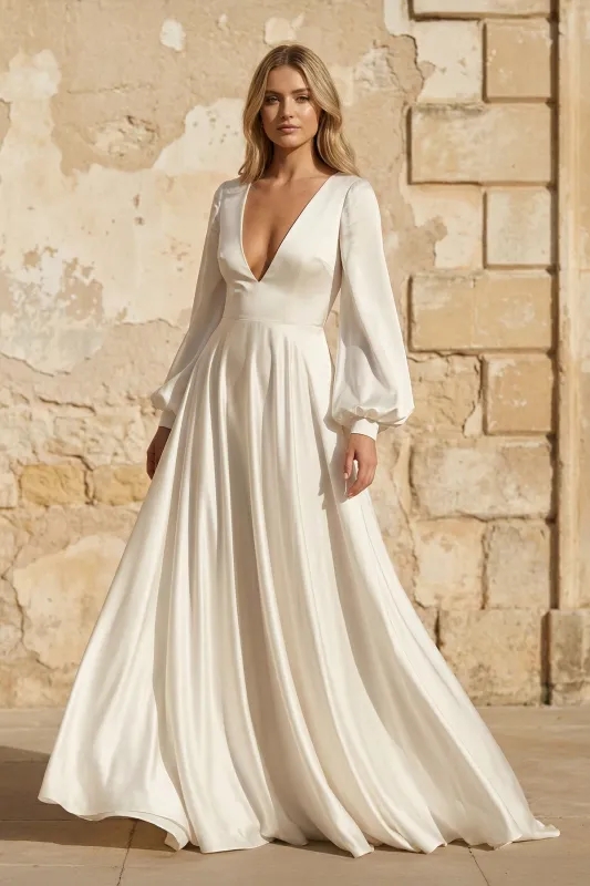 A Line V Neck Satin Long Sleeves Wedding Dress made by KissProm