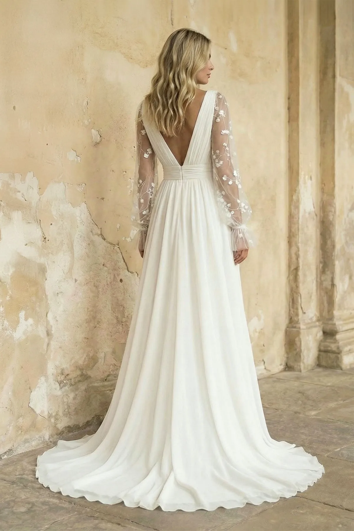 A Line Long Sleeves Chiffon Wedding Dress in Ivory sold by KissProm product image thumbnail 2