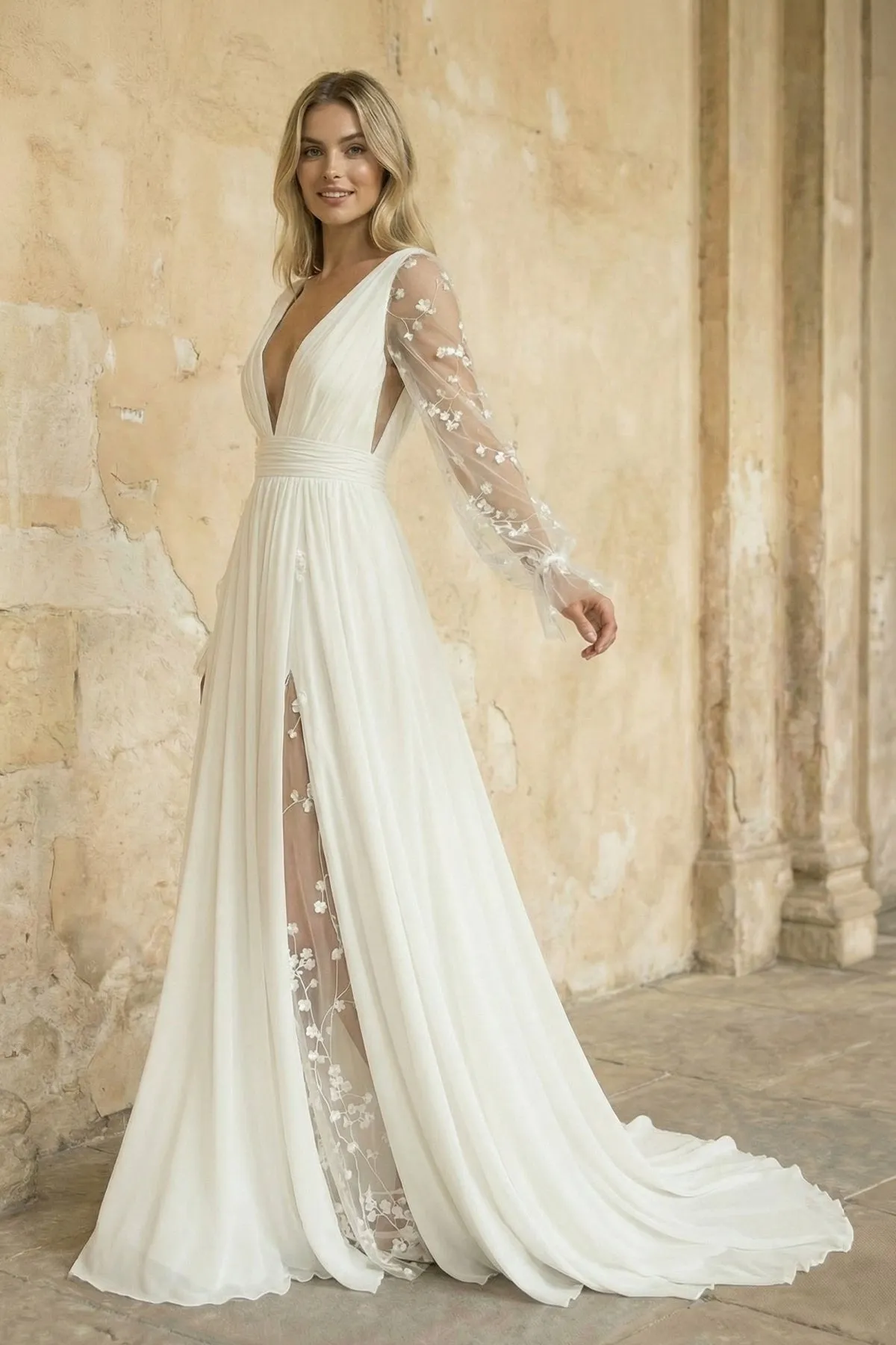 A Line Long Sleeves Chiffon Wedding Dress in Ivory sold by KissProm product image thumbnail 3