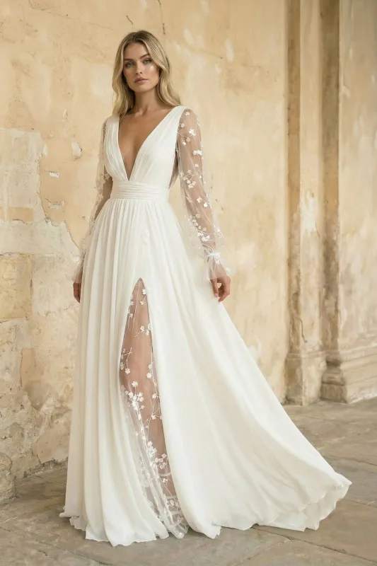 A Line Long Sleeves Chiffon Wedding Dress in Ivory made by KissProm