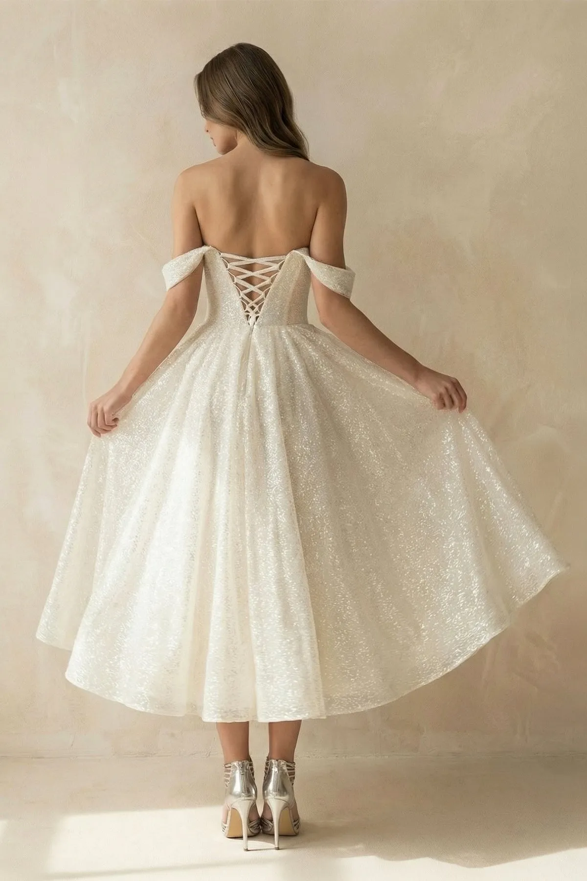 A Line Sequined Tea Length Wedding Dress in Ivory sold by KissProm product image thumbnail 2