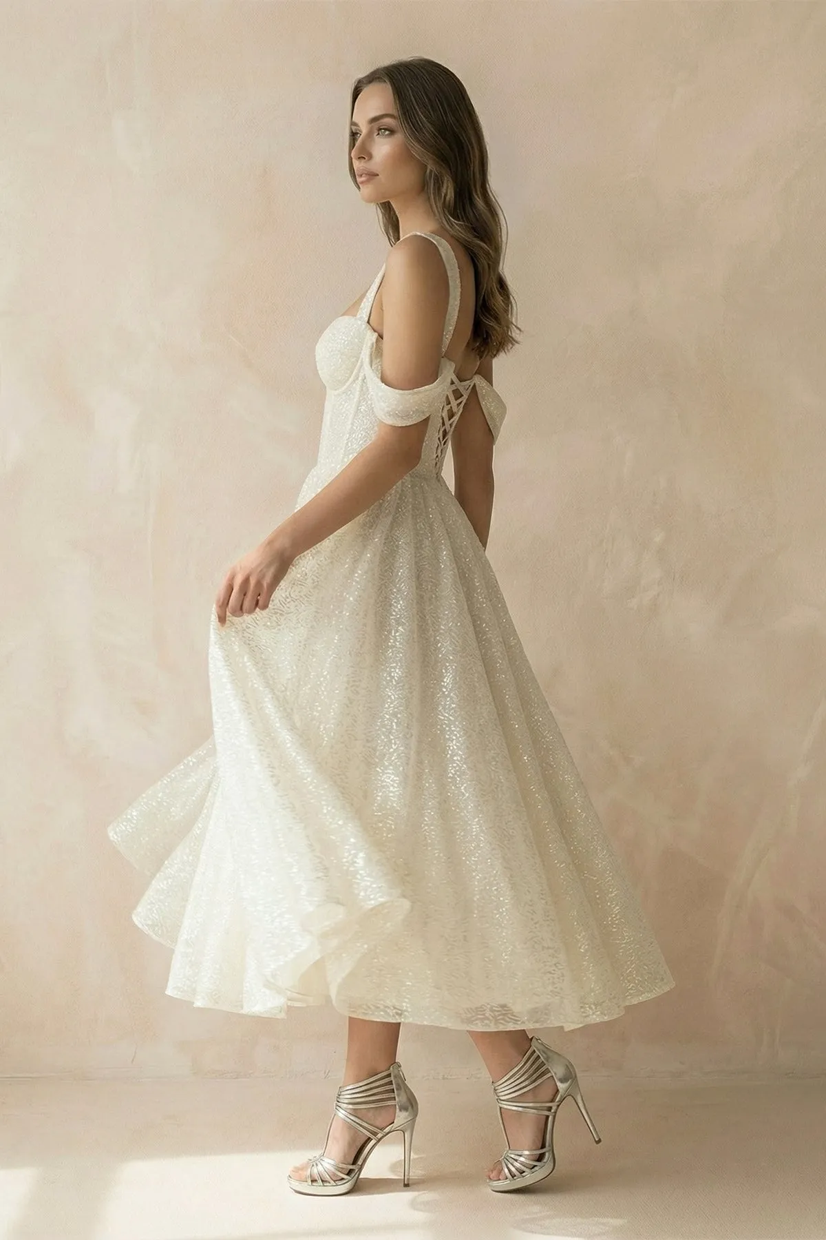 A Line Sequined Tea Length Wedding Dress in Ivory sold by KissProm product image thumbnail 3
