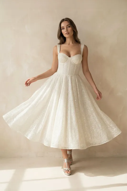 A Line Sequined Tea Length Wedding Dress in Ivory made by KissProm