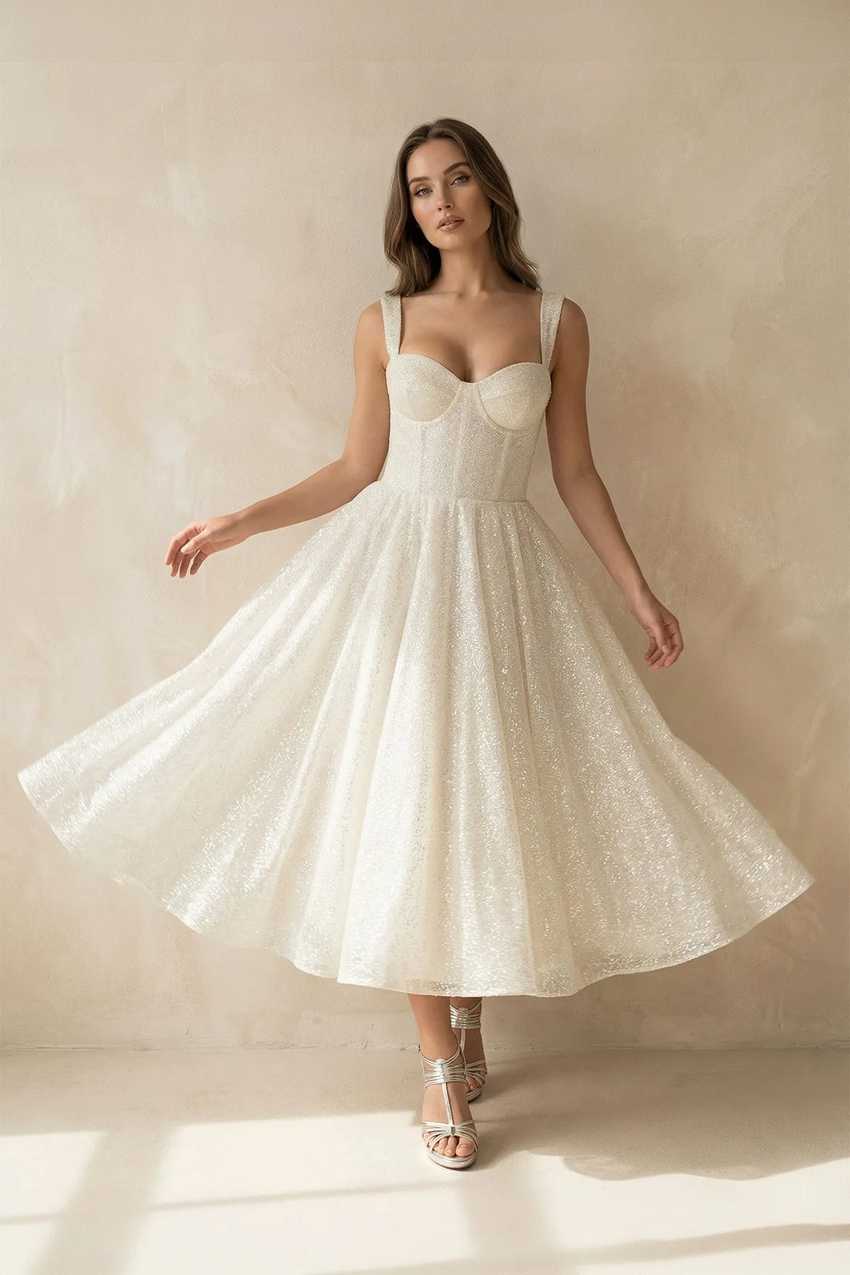 A Line Sequined Tea Length Wedding Dress in Ivory sold by KissProm