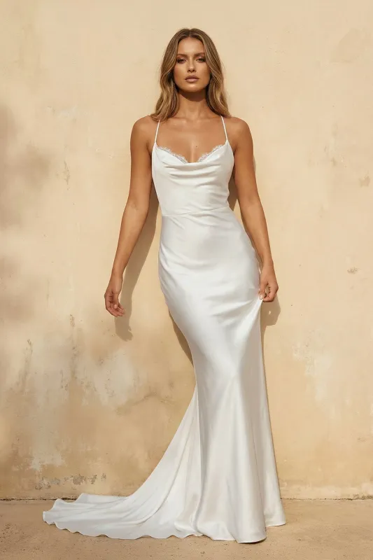 Spaghetti Straps Mermaid Satin Wedding Dress in White made by KissProm