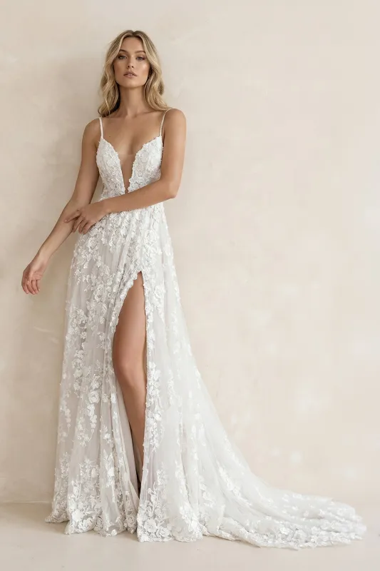 A Line V Neck Lace Wedding Dress With Slit made by KissProm