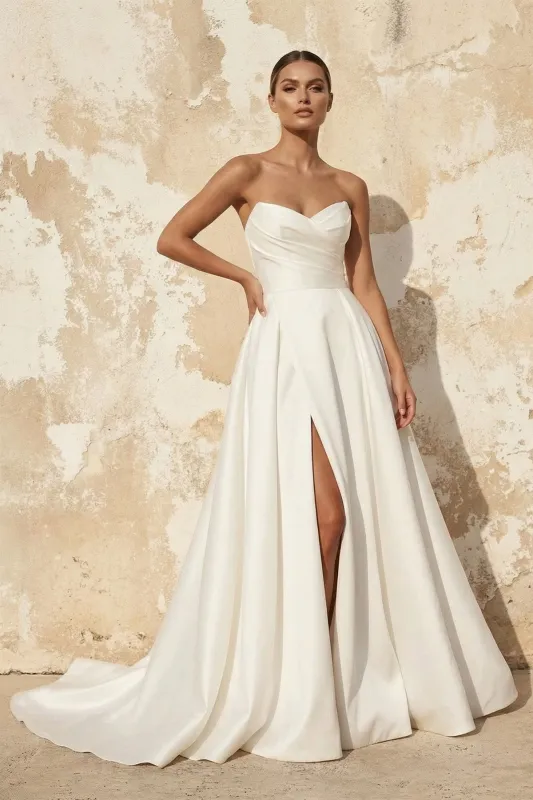 A Line Satin Wedding Dress With Slit in White made by KissProm