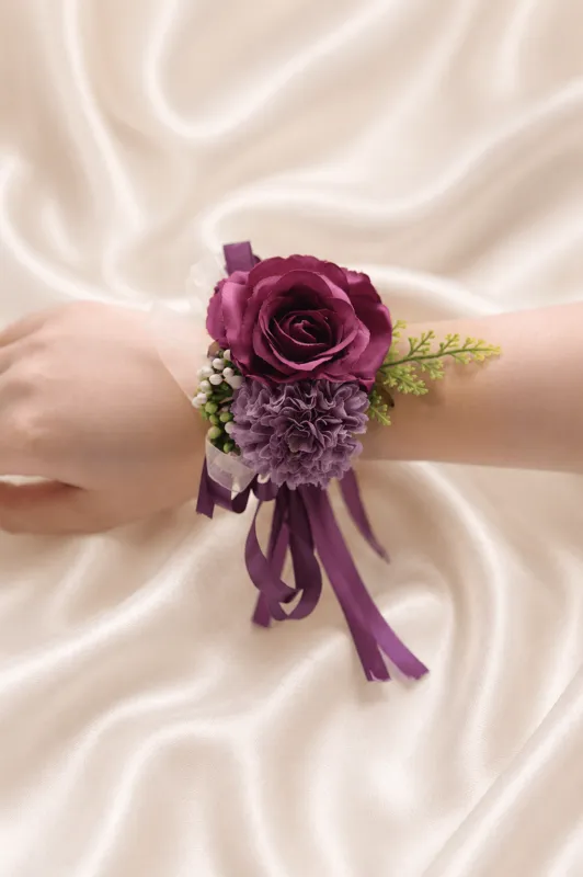 Silk Roses Artificial Bridesmaid Wrist Corsage in Purple made by KissProm