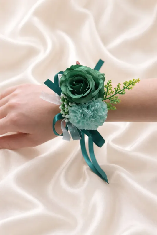 Silk Roses Artificial Bridesmaid Wrist Corsage in Dark Green made by KissProm