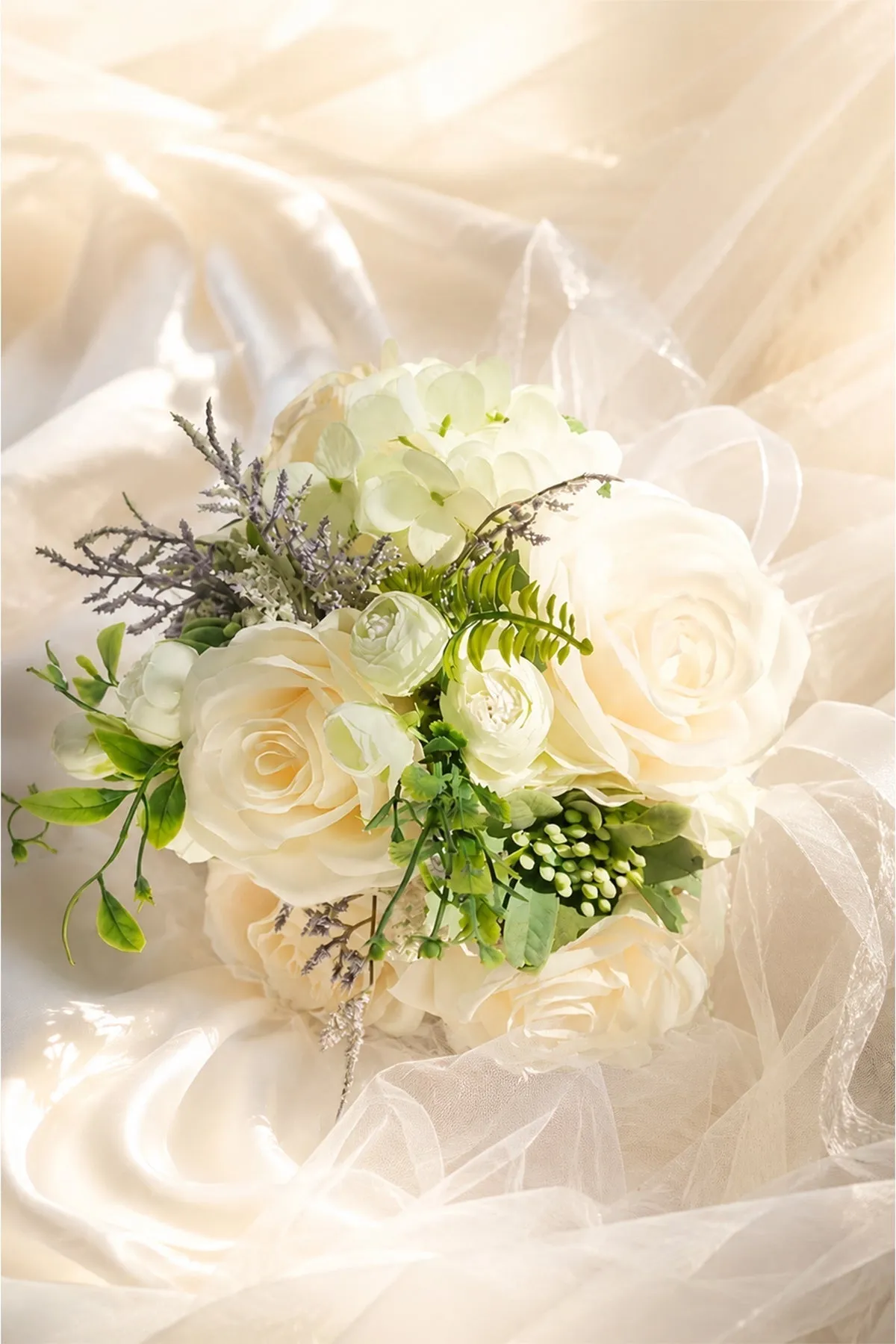White Silk Rose Peony Cascade Wedding Bouquet Flowers sold by KissProm