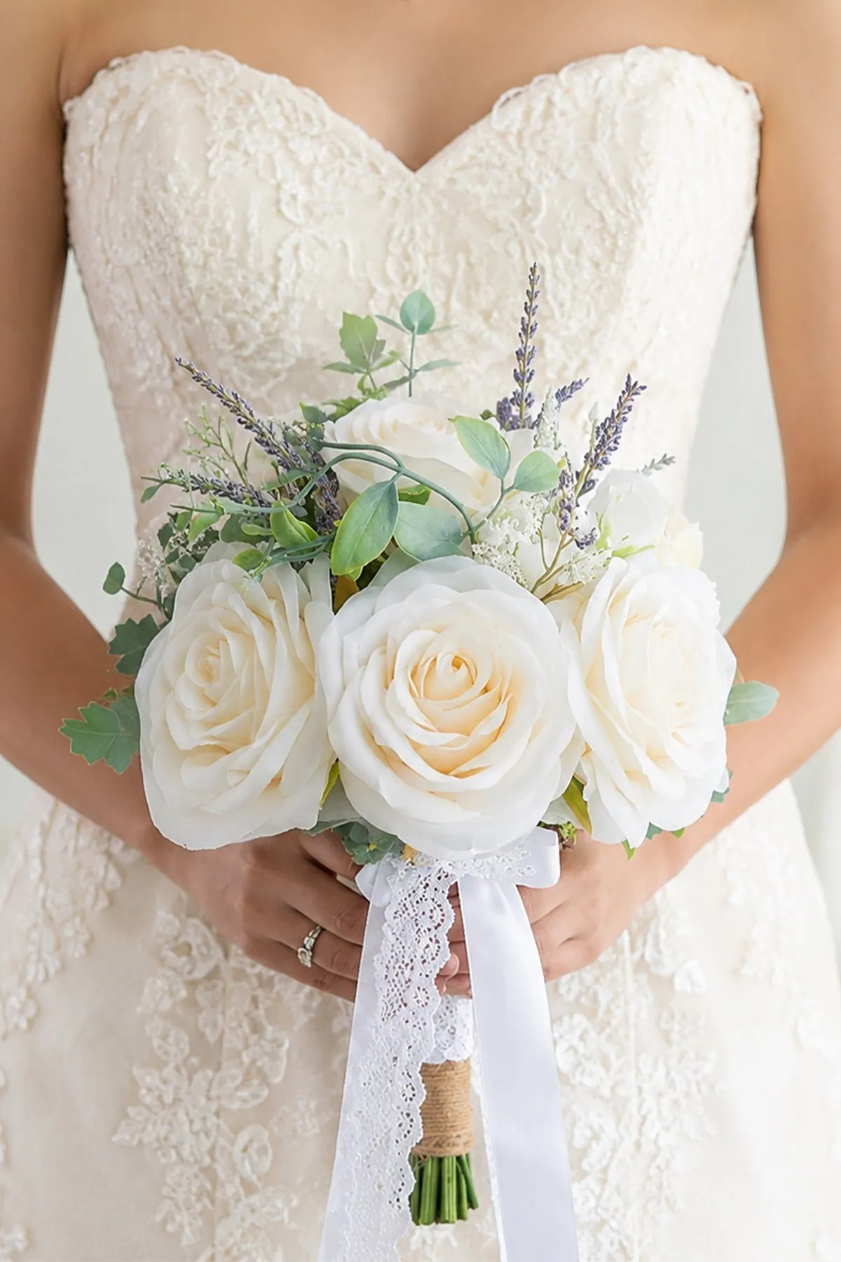 White Silk Rose Peony Cascade Wedding Bouquet Flowers sold by KissProm product image thumbnail 2
