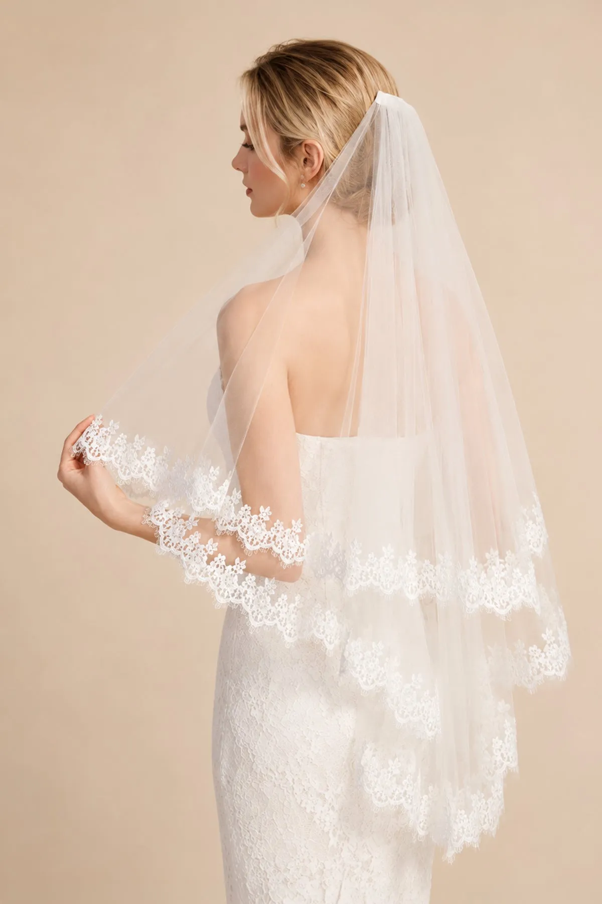 Two Tier Wedding Veils Hip Length Lace Hem Bridal Veil in Ivory sold by KissProm product image thumbnail 2