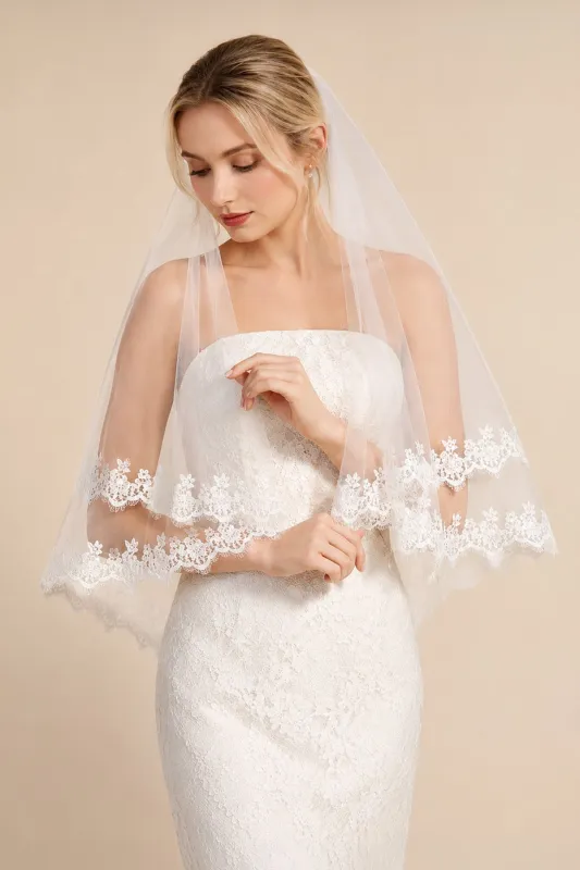 Two Tier Wedding Veils Hip Length Lace Hem Bridal Veil in Ivory made by KissProm