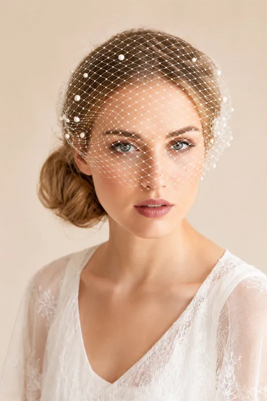 Pearls Vintage Mesh Birdcage Wedding Veils in Ivory made by KissProm