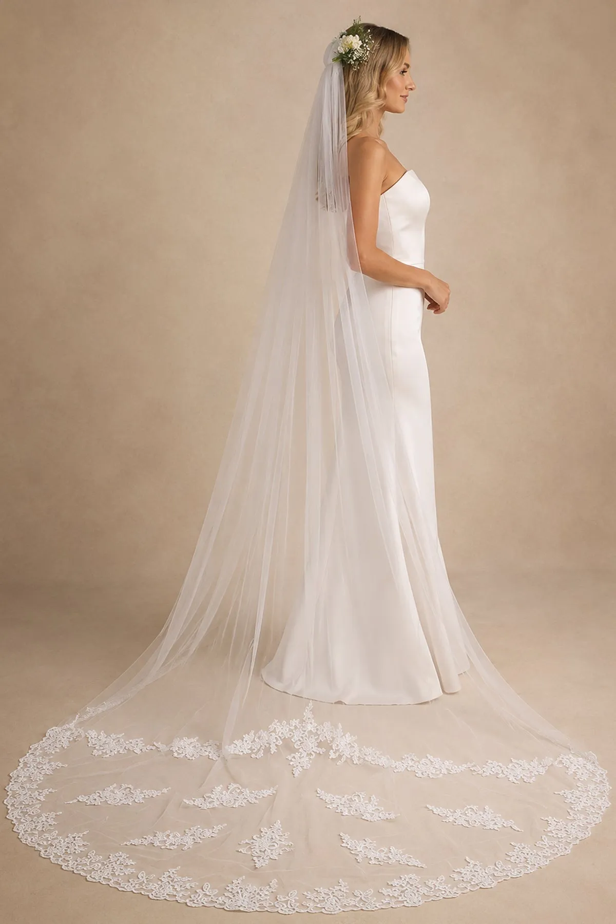 One Tier Simple Cathedral Veils with Lace Train in White sold by KissProm