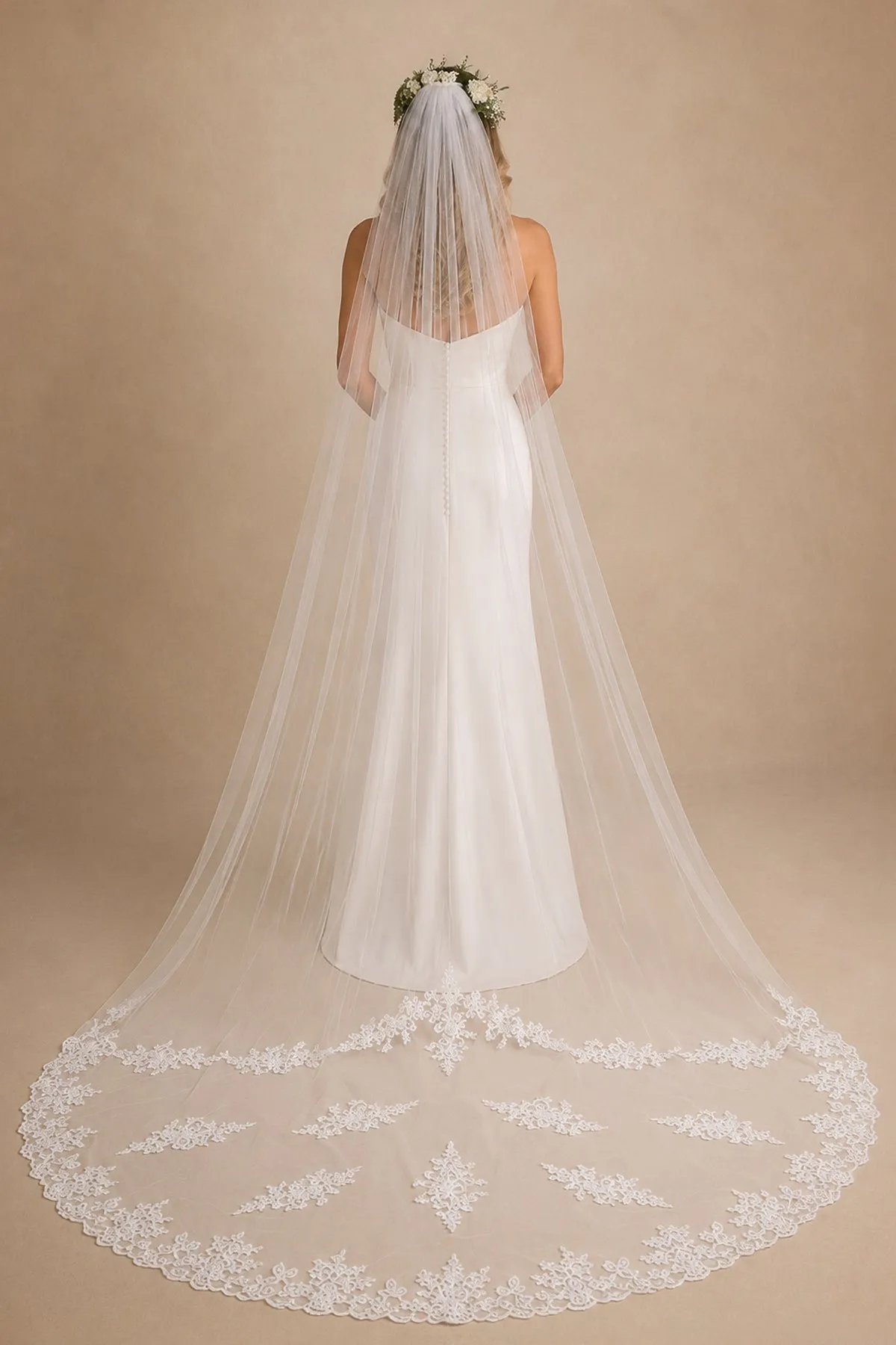 One Tier Simple Cathedral Veils with Lace Train in White sold by KissProm product image thumbnail 2