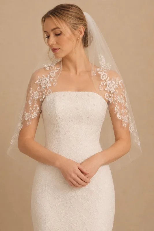 Two Tier Bridal Veils Lace Waist Length Wedding Veil in Ivory made by KissProm