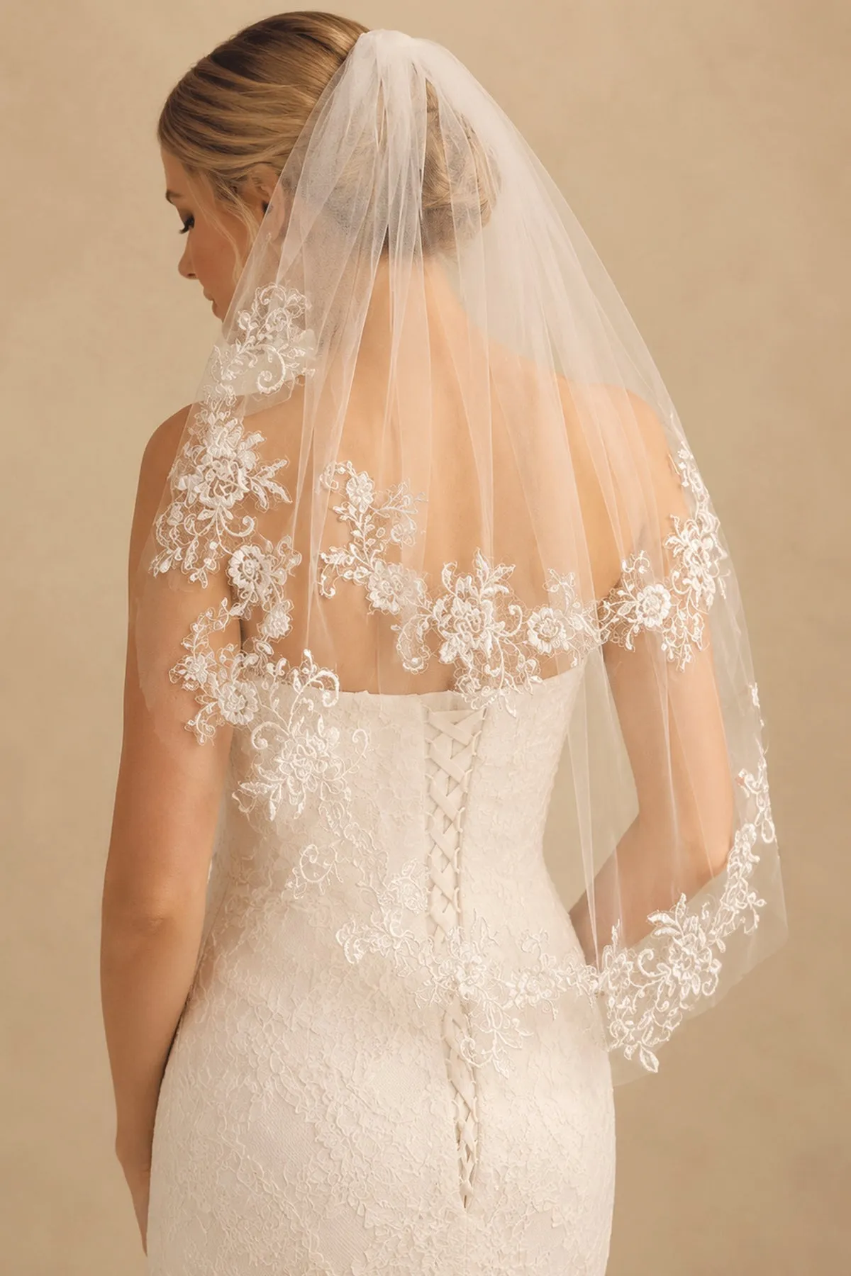 Two Tier Bridal Veils Lace Waist Length Wedding Veil in Ivory sold by KissProm product image thumbnail 2