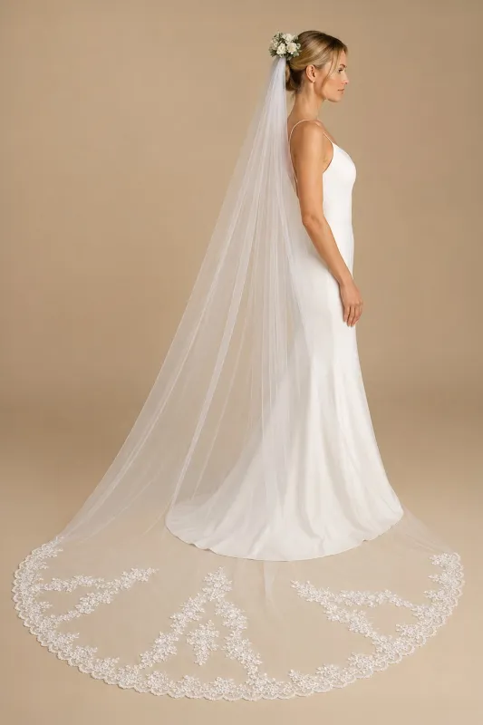 Cathedral Veils with Lace and Beaded Wedding Veil in Ivory made by KissProm