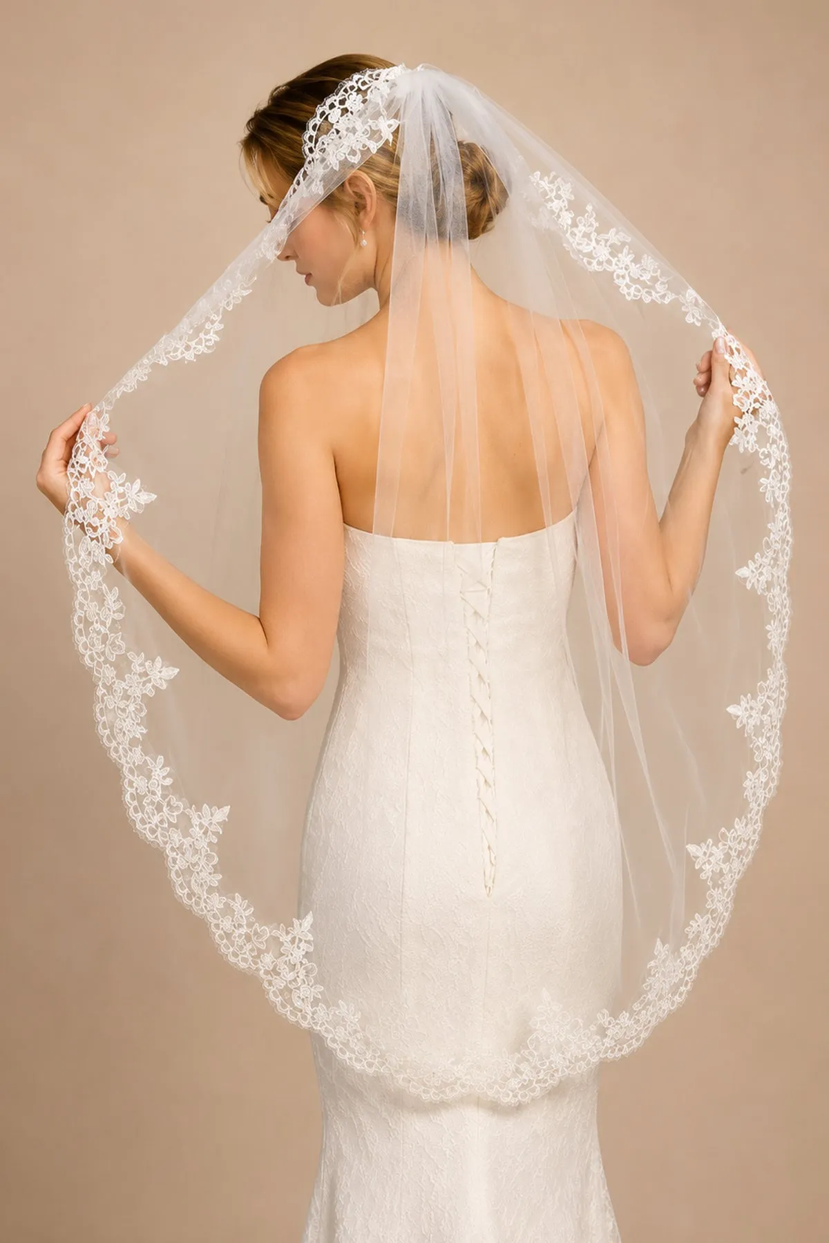 Vintage-Inspired Lace One Tier Wedding Veil Mantilla Veils in White sold by KissProm