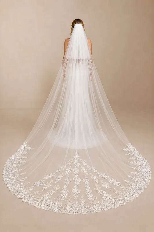 Lace Cathedral Veils with Blusher Wedding Veils in Ivory made by KissProm