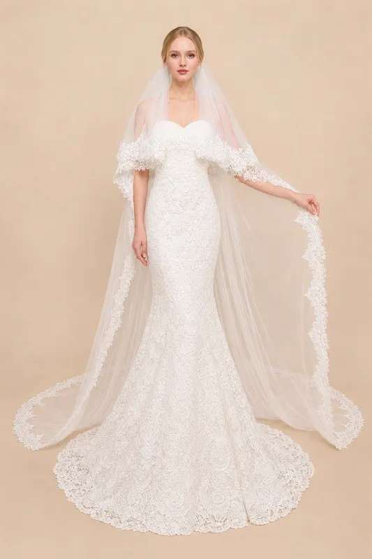 Two Tiers Lace Cathedral Wedding Veils in White made by KissProm
