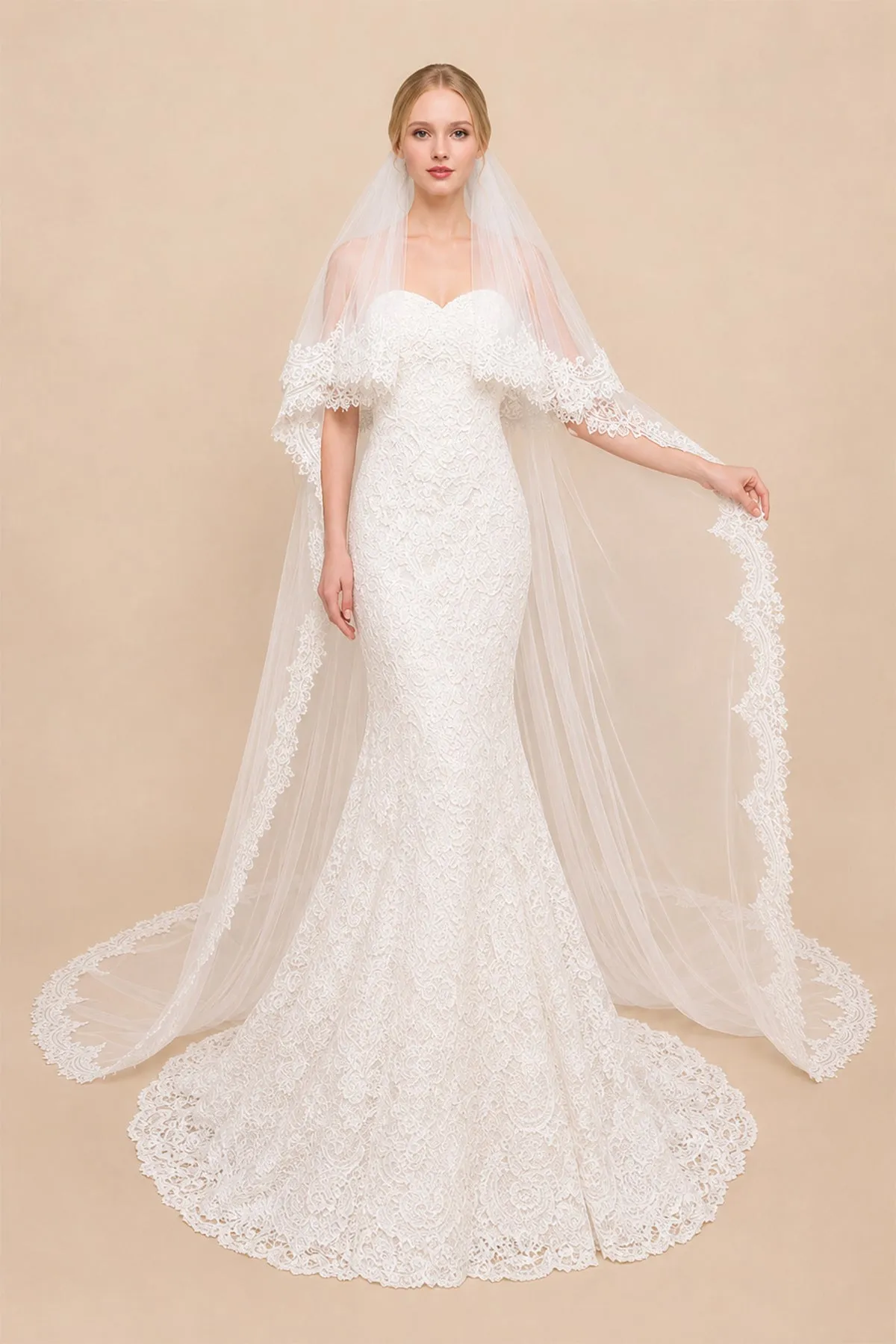 Two Tiers Lace Cathedral Wedding Veils in White sold by KissProm