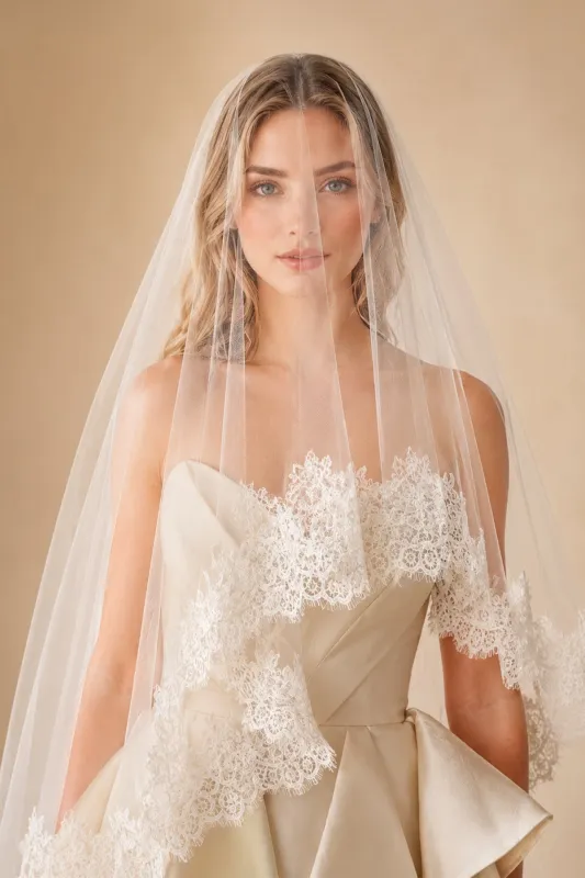 Tulle & Lace Traditional Drop Veils Hip Length Wedding Veil in Ivory made by KissProm