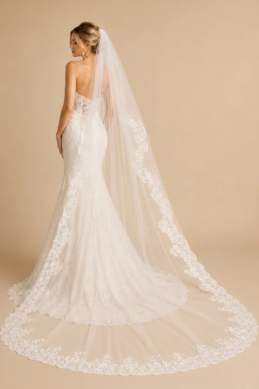One-Tier Vintage Tulle Lace Cathedral Veils Wedding Veil in White made by KissProm