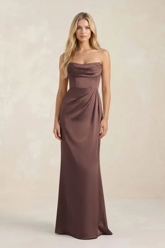Cowl Neck Sheath Satin Bridesmaid Dress With Detachable Sleeves in Espresso made by KissProm