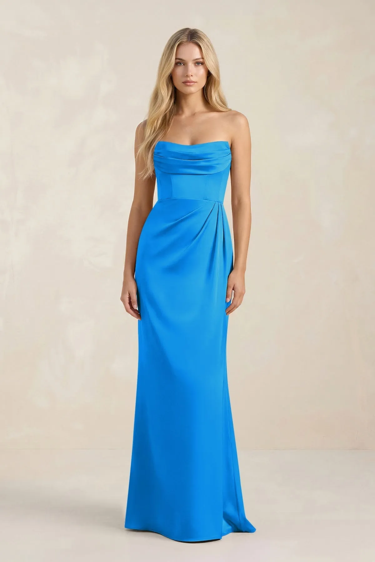 Cowl Neck Sheath Satin Bridesmaid Dress With Detachable Sleeves in Blue Jay sold by KissProm